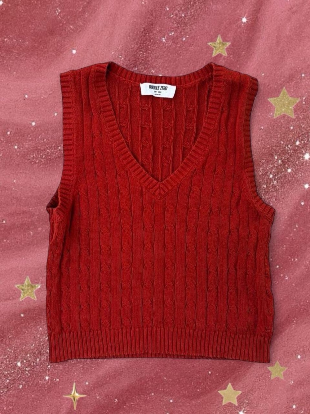 Double Zero Deep Red Cable-Knit V-Neck Sweater Vest